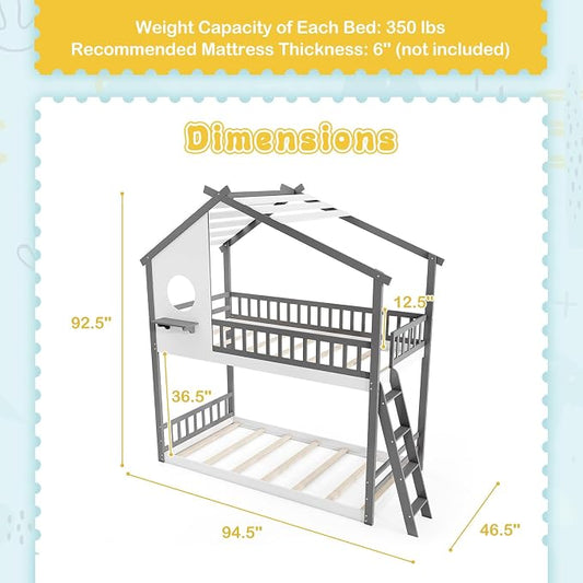 Giantex Bunk Bed Twin Over Twin, Solid Wood Floor Bunk Bed with Ladder & Full-Length Guardrails, House Shaped Bunk Beds for Kids, Girls, Boys, Dormitory and Bedroom, No Box Spring Needed
