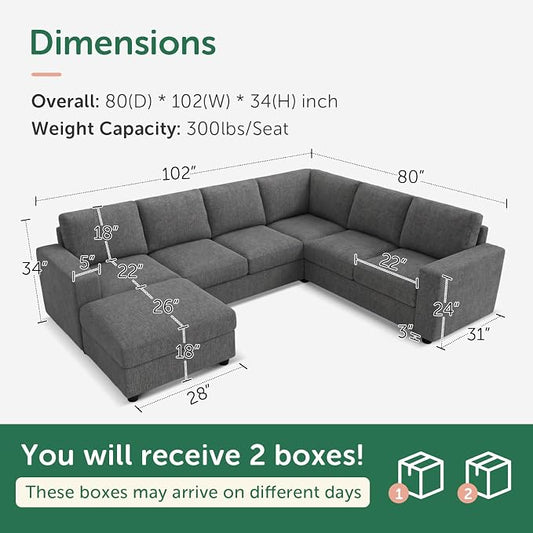 HONBAY Sectional Sofa with Storage, U Shape Sofa with Chaise, 7 Seater Sectional Couch for Living Room, Light Grey