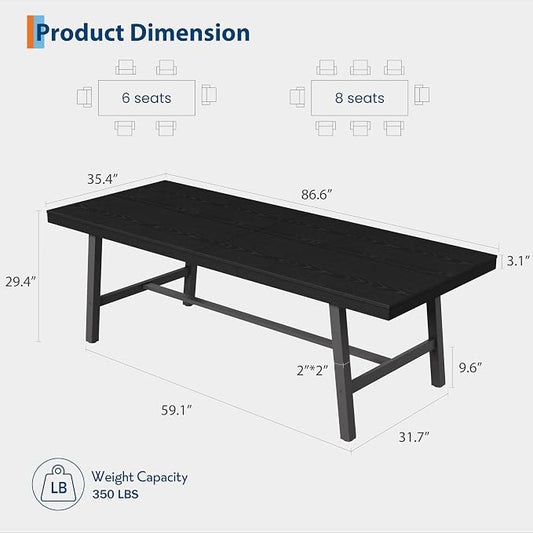 GarveeHome Industrial Dining Table for 8-10 People, 86.61" Long Large Kitchen Table with Sturdy Metal Frame, Rectangular Counter for Dinner, Kitchen, Dining Room (Black, 87" Non-extendable)