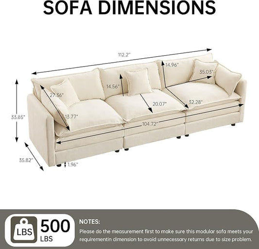 Modular Sectional Sofa, 112.2 Inch Rectangle Shaped Couch Set with Armrests, 3-Seater Comfy Cloud Couches for Living Room Apartment, Beige