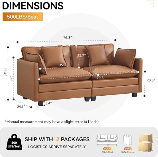 76'' Cloud Deep Seat Loveseat, Upholstered Leather Modular 2-Seats Sectional Sofa Couch, Modern Comfy Settee Loveseat for Living Room Set, Small Apartment, Leather Light Brown
