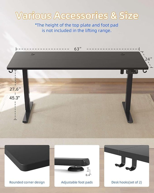 YIHAYO Electric Standing Desk, 63 x 24 Inches Stand Up Desk with Splice Board, Adjustable Height Desk, Computer Desk for Home Office, Black Frame/Black Top
