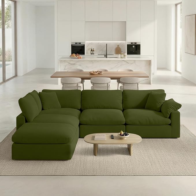 143" Cloud Modular Sectional Sofa,Green Down Filled Sofa 4 Seat with Chaise,Minimalist Sofa Cover Washable and Replaceable Couches for Living Room,Sectional Sofa Deep Seat