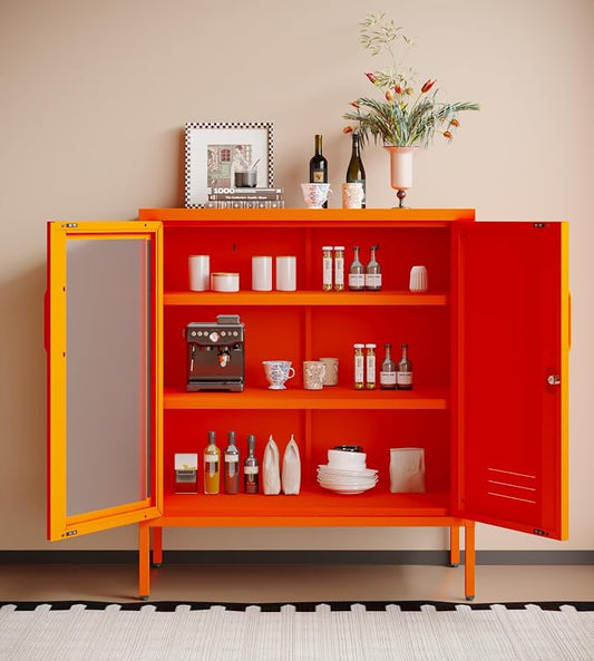 Storage Cabinet with Adjustable Shelves for Bathroom Living Room Foyer Kitchen Left Glass Door and Right Iron Door Orange Size:33" H x 29.5" W x 13.8" D