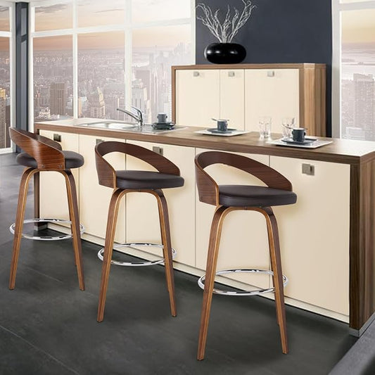 Armen Living Sonia 26" Seat Height Mid Century Modern Swivel Bar Stool for Kitchen Island Counter in Brown Faux Leather and Walnut Wood