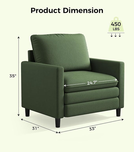 Welzona 3-Layers Cloud Accent Chair, 33" Reading Chair for Bedroom, Living Room - Tool-Free Assembly with Teddy Fabric Couch Chair - Green - Arm Chairs - Removable Washable Covers - 450lb Capacity