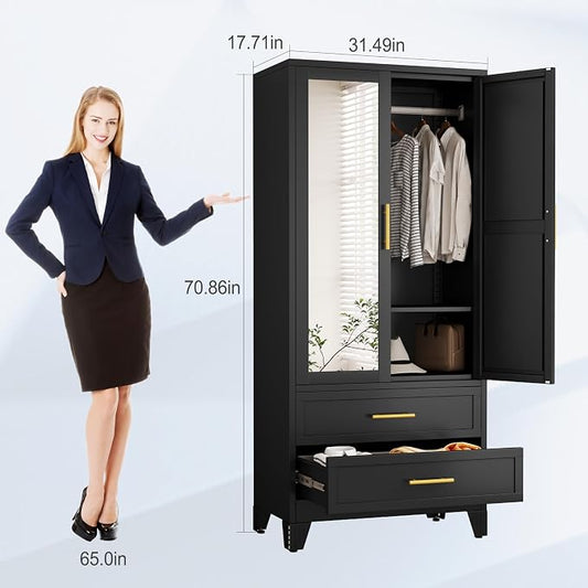 erosoei Metal Armoire Wardrobe Closet, 71 "Metal Clothing Storage Cabinet | with Mirror and Adjustable Shelves, Household Steel Wardrobe Storage Cabinet with 2 Drawers and Hanging Rod(Armoire-Black)