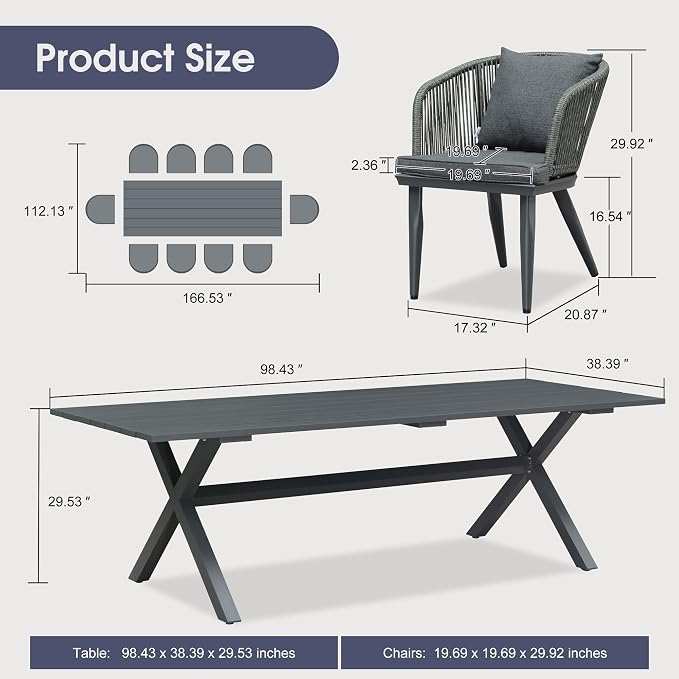 PURPLE LEAF 11 Pieces Patio Dining Set Wicker Outdoor Furniture Rectangular Table and Chairs Set for Garden Deck Aluminum Frame Backyard Kitchen Set, Cushions and Pillows Included Grey
