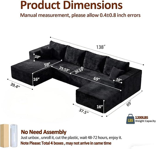138" Modern Modular Sectional Sofa, U-Shaped Cloud Couch, Soft Corduroy Boneless Couch with 3060 High Rebound Memory Foam, Sectional Couches for Living Room-Black(Left Facing Chaise)