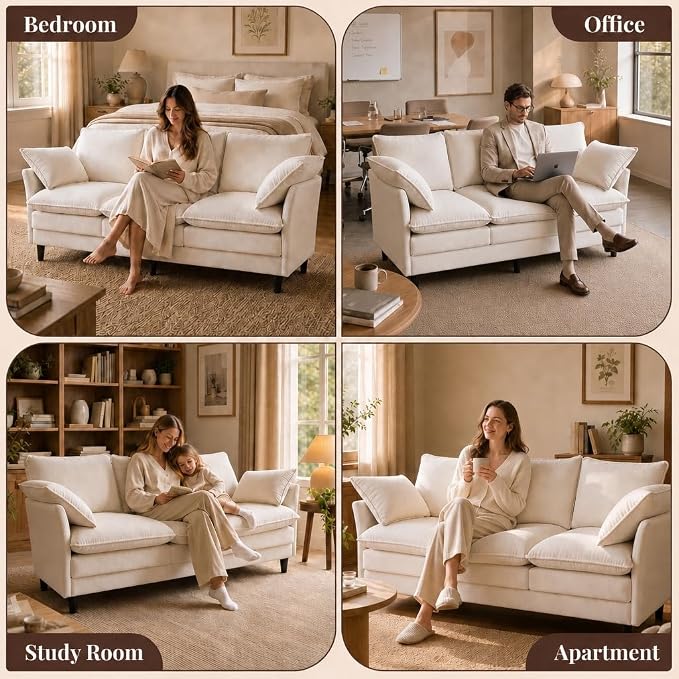 KYJ 69 Inch Small Sofa, 3-Seater Loveseat Couch with Cloud 2 Layer Cushion, 22.8" Deep Seat, Oversized Pillows, Chenille Fabric, Compact for Small Spaces,Apartment, Living Room, Studio, Office, Beige