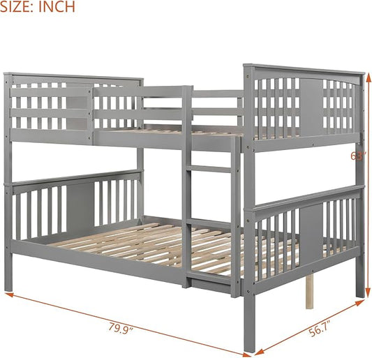 Merax Full Over Full Bunk Bed Convertible to Two Separate Beds, Solid Pine Wood Frame with Safety Guardrail & Headboard/Footboard, Sturdy Durable Design, for Teens/Adults, No Box Spring Needed, Grey