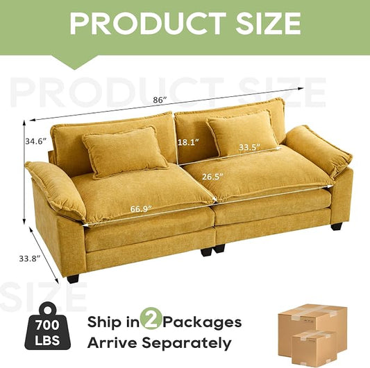 Oprisen 86" Modular Sectional Sofa, Comfy Cloud Couch Sectional Sofa, Chenille Sofa Sleeper Deep Seat Sofa with Throw Pillows for Living Room (Yellow, 86"- Loveseat)