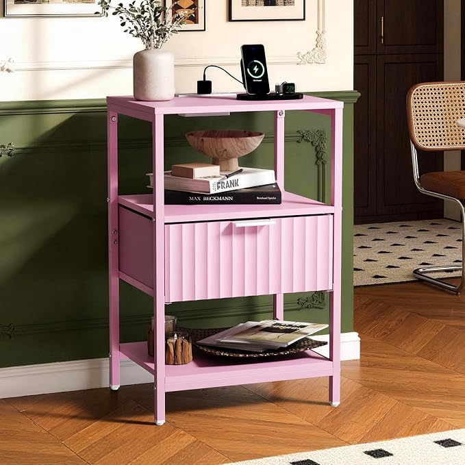VINGLI Nightstands Set of 2 with Fabric Drawer, Pink Nightstands with Charging Station, Fluted Nightstand Pink Bedside Table/End Table for Bedroom, Night Stand Small for Kids Room, 2 pcs