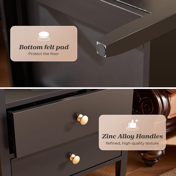 Huuger Black Nightstand Set of 2, Night Stand with Charger Station, Bedside Table with 2 Drawers, Bed Side Tables for Bedroom, Modern Nightstands, Metal Knobs, Painted Surface