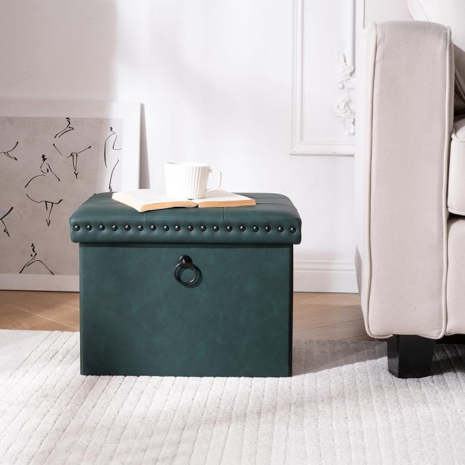 oakvivo Small 16 x 12 x12 Inches Folding Storage Ottoman, Faux Leather Foot Rest Stool with Rivet Design, Ottoman with Storage Vanity Stool Coffee Table for Living Room, Bedroom, Load 242 lbs, Green