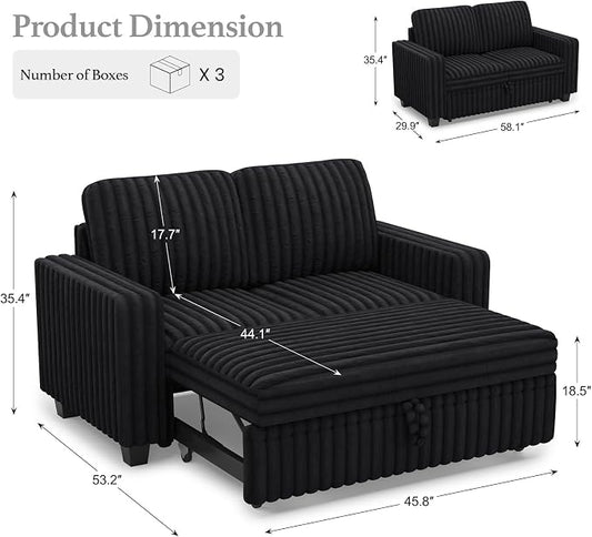 Belffin Corduroy Sectional Sleeper Sofa with Pull Out Bed Modular Sectional Loveseat Sofa Bed for Living Room Black Couch