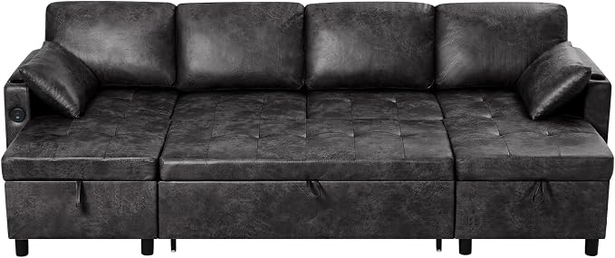 110 inches Suede Leather Sleeper Sofa w/Pull Out Bed, U-Shape Sectional Sofa Bed w/Adjustable Backrest and Storage Chaises, 4-Seats Upholstered Sofa Bed w/USB Port for Living Room, Black