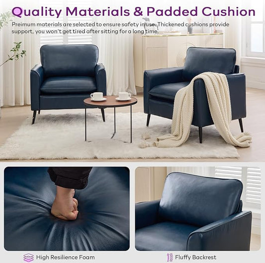 TYBOATLE Leather Accent Chair, Mid-Century Modern Comfy Living Room Chairs, Cozy Office Reading Chair, Reception Armchairs for Bedroom, Office, Waiting Room (Blue)