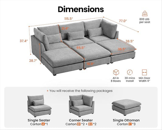 115" Oversized Chenille Couch Modular Sectional Sofa, Washable Cloud Couch Sectional with 3 Ottoman, 6 Seater Sectional Couches for Living Room, Fully Cover Removable, Sleeper Sofa, Chenille, Grey
