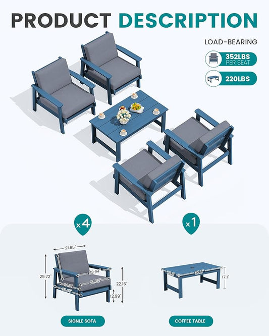 SERWALL Outdoor Patio Furniture Set, 5 Piece HDPE Patio Conversation Sets, All-Weather Wood-Like Outdoor Couch Loveseat and Coffee Table with Thick Cushions for Porch Balcony Garden Backyard