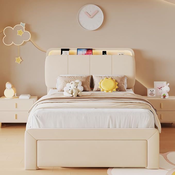 Feonase Twin Upholstered Bed Frame with Storage Drawers and Headboard, Built-in Charging Station, Velvet Platform LED Bed with Solid Wood Slat Support, No Box Spring Needed, for Girls and Kids, Beige