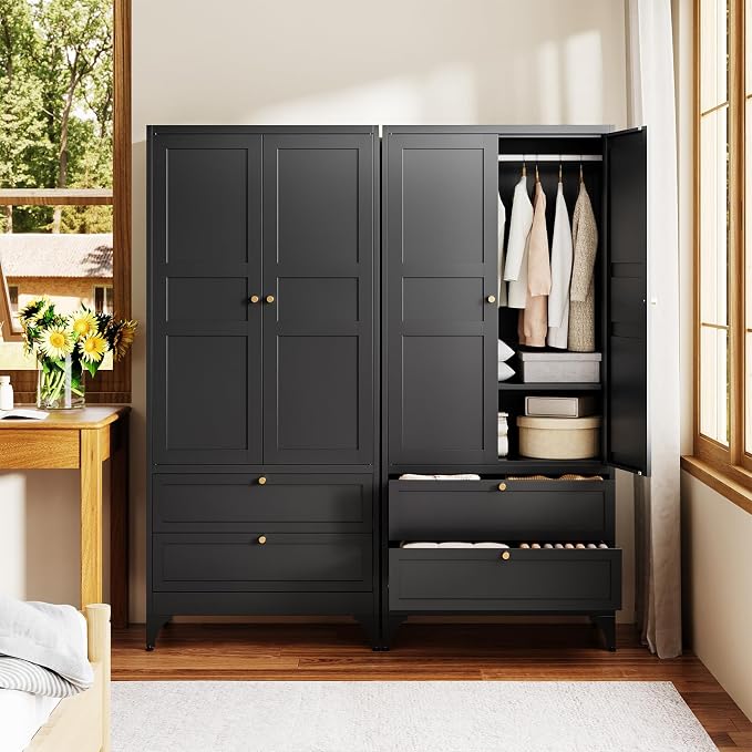 Letaya Metal Armoire Wardrobe Closet with 2 Drawers,18" Deep Clothing Storage Cabinet with Doors and Shelves,Coat Closet with Hanging Rod,Bedroom,Home,Cloak Room-Black