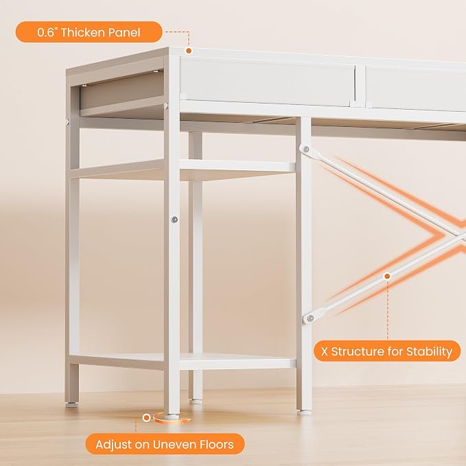 Sweetcrispy 47" Computer Desk with 6 Drawers, Home Office Gaming Desks with Storage Shelves for Bedroom, Writing Study Corner Living Room Work Table White
