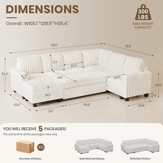 Belffin Corduroy Sleeper Sofa Bed with Storage Chaise Modular Sectional Sofa Couch with Pull Out Bed L Shaped Sectional Couches for Living Room Beige Couch