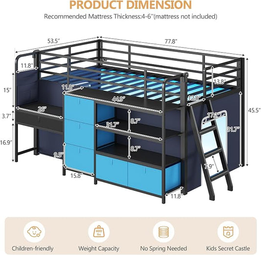 DICTAC Low Loft Bed with Desk and 6 Storage Drawers Twin Loft Bed with Bookshelf,LED Lights & Under-Bed Play Space,Kids Twin Beds with 13.8''H Safety Guardrail,Inclined Ladder&Play Curtain,Blue+Black