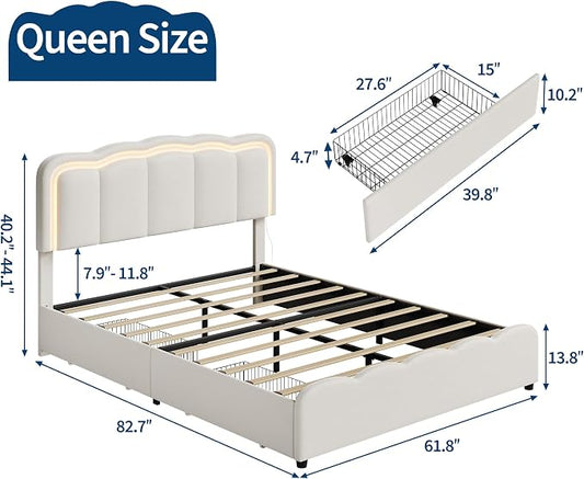 Garvee Queen Size Bed Frame with 2 Storage Drawers and LED Lights, Upholstered Platform Queen Bed with Adjustable Headboard, Wooden Slats Support, No Box Spring Needed, Easy Assembly, White