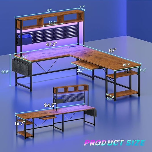 SEDETA L Shaped Computer Desk, Reversible Corner Desk with Power Outlet and Pegboard, Computer Desk with Led Lights, Keyboard Tray, Headphone Hook and Storage Shelves, Rustic Brown