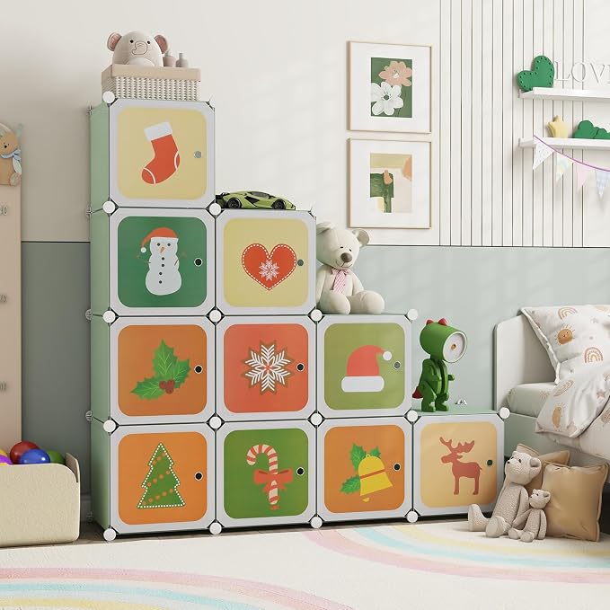HONEY JOY Kids Wardrobe Closet, Baby Cartoon Clothes Storage Organizer, 12 Cubes & 2 Hanging Sections, Portable Children DIY Modular Bedroom Armoire Dresser Cabinet for Boys Girls (Green)