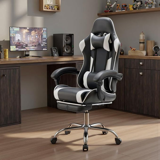 DUMOS Ergonomic Gaming Office Desk Chair with Footrest and Headrest, PU Leather Video Computer Chair with Linkage Armrests, Height Adjustable 360° Swivel Recling, Black White