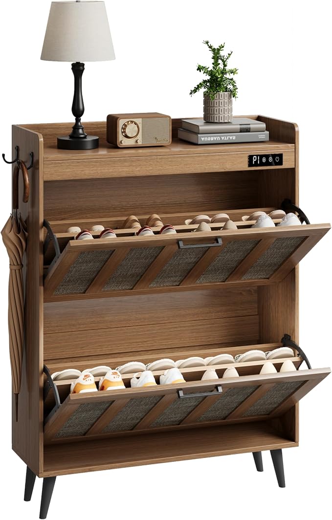 ChooChoo Shoe Storage Cabinet with 2 Flip Drawers, Deodorizing Shoe Organizer Storage for Entryway, Freestanding Hidden Slim Narrow Shoe Rack Cabinet, Rustic Oak