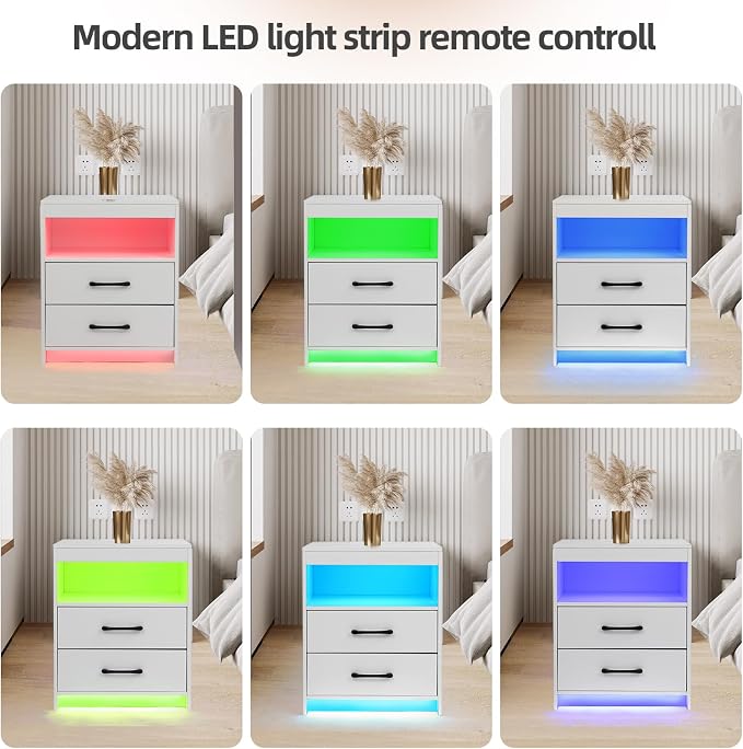 Night Stand with Charging Station and Ambient Light, LED Nightstand with USB-C Ports and Outlets, Morden Bedside Table with 2 Drawers and Open Compartment, End Table for Bedroom, White