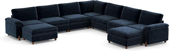 SITJOY Large Cloud Couch, 138" Wide 7 Seater V Shape, Chenille in Navy Blue | Detachable and Washable Chenille Cover Sectional Sofas for Living Room, Deep Seat Wide Couch with Chaise, Storage Ottoman