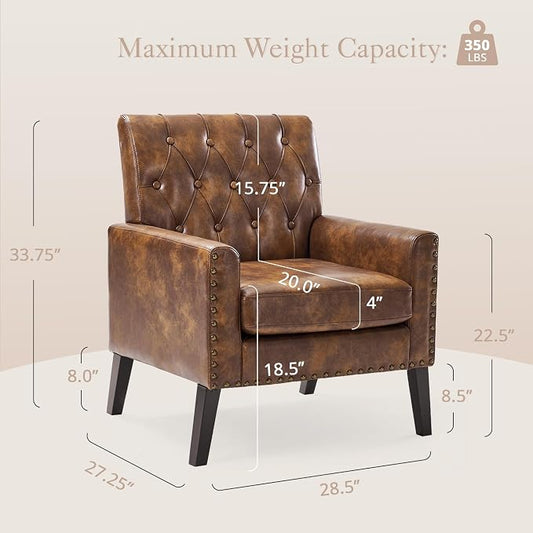 LUE BONA Upholstered Faux Leather Accent Chair 18.5" H, Button Tufted Armchair, Comfy Living Room Chair with Arms, Modern Arm Chairs for Bedroom, Living Room, Small Space Yellowish Brown