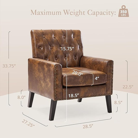LUE BONA Yellowish Brown Faux Leather Accent Chairs Set of 2 18.5" H, Button Tufted Arm Chairs, Comfy Living Room Chair with Arms, Upholstered Modern Armchair for Living Room, Bedroom