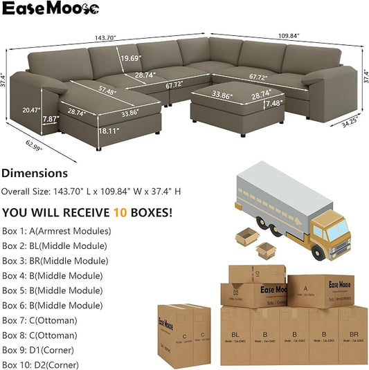 EASE MOOSE Modular Sectional Sofa, Oversized Faux Leather Sectional with Ottoman, Wide Deep Modular Couch, Scratch Resistant Faux Leather Material, U Shaped Couch for Big Spaces, Light Grey