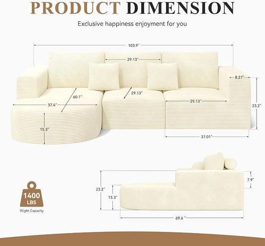 L-Shaped Boneless Couch,104" Couches for Living Room with Curved Chaise,Modular Sectional Sofa with Deep Seat,Modern Cozy Cloud Compression Sofas,No Assembly Required(Beige) 1PCS