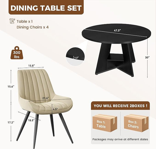 Miereirl 47.3 Inch Round Dining Table Set for 4, Round Kitchen Table with Chairs, Space Saving Dining Room Table Set with Storage Shelf for Apartment Kitchen Dining Room, Black Table+4 Beige Chairs