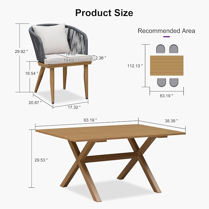 PURPLE LEAF 5 Pieces Patio Dining Set Wicker Outdoor Furniture Rectangular Table and Chairs Set for Garden Deck Teak-Finish Aluminum Frame Backyard Kitchen Set, Cushions and Pillows Included