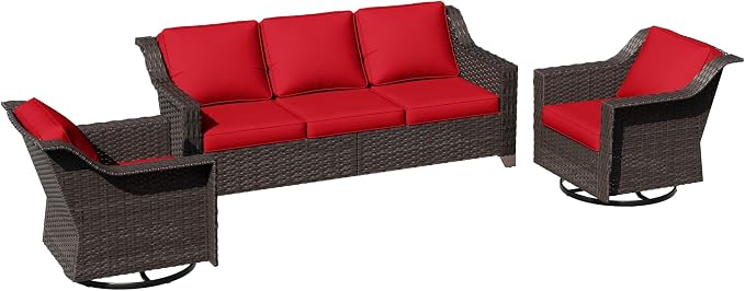 3 Pieces Patio Conversation Furniture Set - 1 Sofa, 2 Swivel Chairs, Outdoor Wicker Furniture with Removable Cushions for Porch, Balcony, Sunroom (Red)