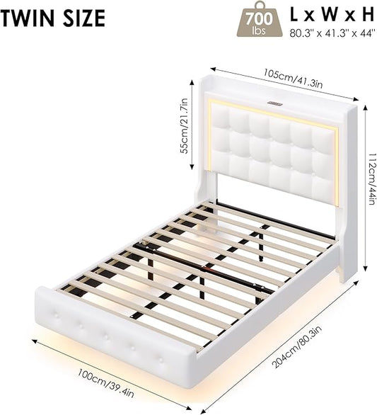 Keyluv Twin Floating Bed Frame with Storage Headboard, LED Lights & Charging Station Platform Bed, Soft Upholstered PU Leather, USB/Type-C Ports, Easy Assembly, White