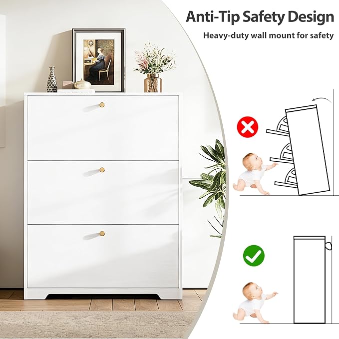 Nicetree Shoe Cabinet with 3 Flip Drawers, Narrow Shoe Organizer Cabinet, Freestanding Shoe Rack Cabinet, Modern Shoe Storage Cabinet for Entryway, Hallway, Foyer, White with Hook