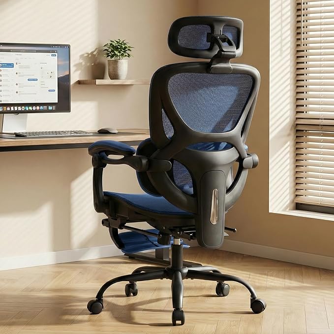 MALOL Ergonomic Mesh Office Chair with Footrest, Executive High Back Computer Desk Chair with 3D Adjustable Headrest & 5-Level Lumbar Support, Reclining Tilt Lock, 3D Arms, 300LBS Capacity, Blue