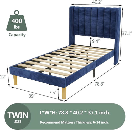 alazyhome Platform Bed Frame Twin Size with Upholstered Headboard, Solid Wood Slats Support, No Box Spring Needed, Noise Free, Easy Assembly, Modern Velvet Bed, Blue