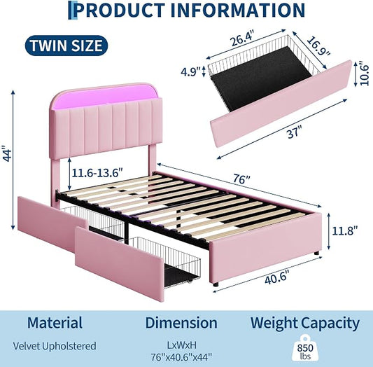 GarveeHome Twin Bed Frame with Storage Headboard, Kids Bed Frame with 2 Drawers, Velvet Upholstered Platform Bed Frame with Lights, No Box Spring Needed, Easy Assembly, Velvet Pink