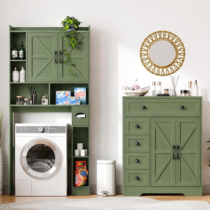 Vabches Farmhouse Storage Cabinet with 2 Doors and 5 Drawers, Freestanding Bathroom Cabinets Kitchen Pantry, Floor Storage Cabinet Hutch Cupboard for Living Room/Bathroom/Kitchen. Green