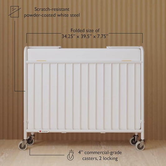 Foundations Stowaway Metal Baby & Toddler Folding Crib, Portable Baby Crib with Foam Mattress and Commercial Grade 3" Casters, Compact for Hotels, Pack of 3, White